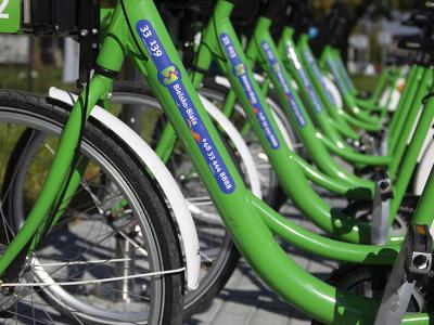 Zdjęcie przedstawiające rząd zielonych rowerów miejskich na stacji wypożyczeń.